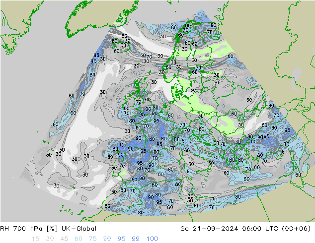 RH 700 hPa UK-Global 星期六 21.09.2024 06 UTC