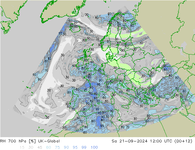 RH 700 hPa UK-Global 星期六 21.09.2024 12 UTC
