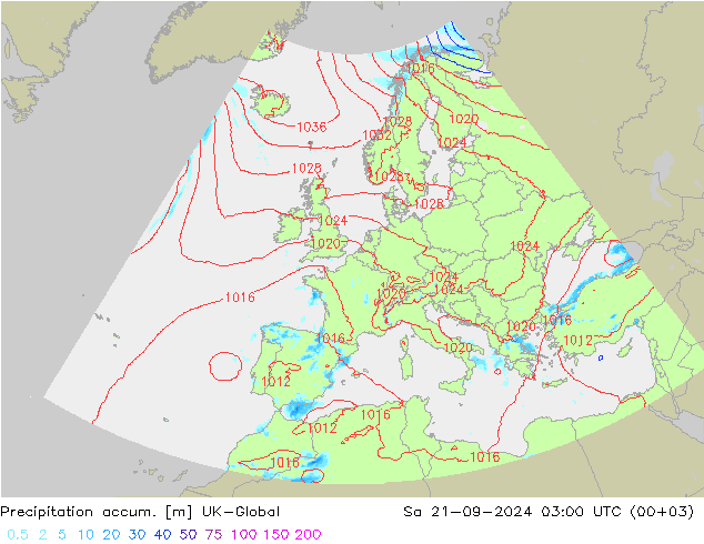 Precipitation accum. UK-Global 星期六 21.09.2024 03 UTC