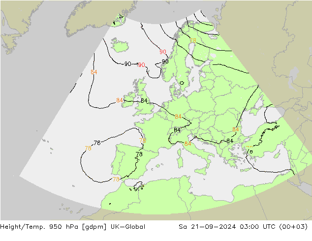 Height/Temp. 950 hPa UK-Global 星期六 21.09.2024 03 UTC