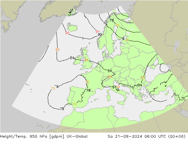 Height/Temp. 950 hPa UK-Global 星期六 21.09.2024 06 UTC