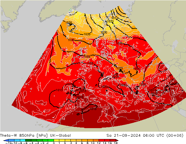 Theta-W 850hPa UK-Global 星期六 21.09.2024 06 UTC