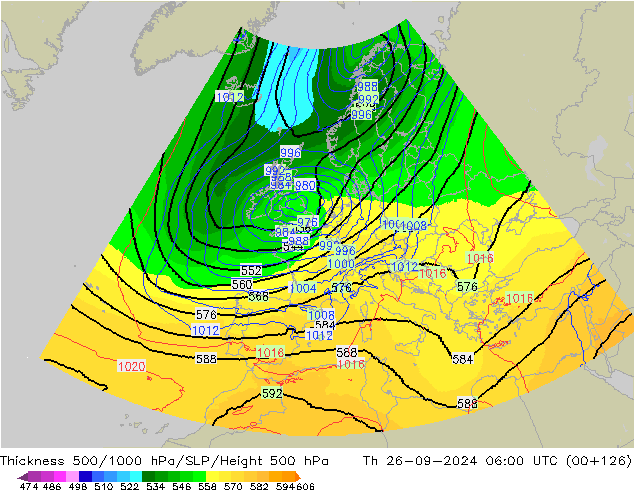 Thck 500-1000hPa UK-Global 星期四 26.09.2024 06 UTC