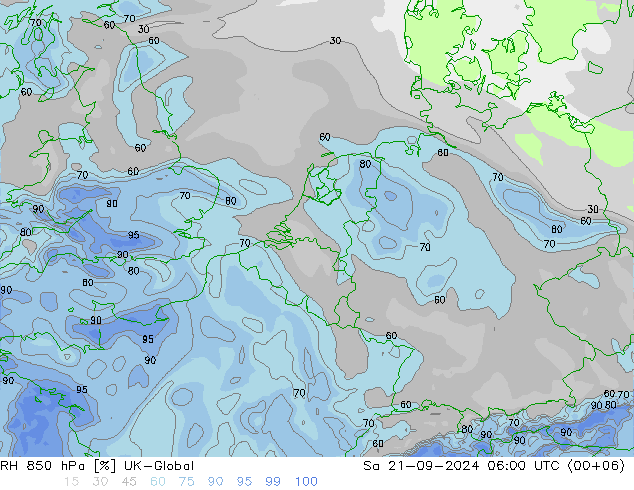 Humedad rel. 850hPa UK-Global sáb 21.09.2024 06 UTC