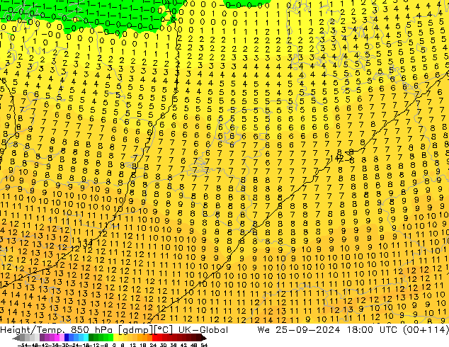 Height/Temp. 850 hPa UK-Global We 25.09.2024 18 UTC