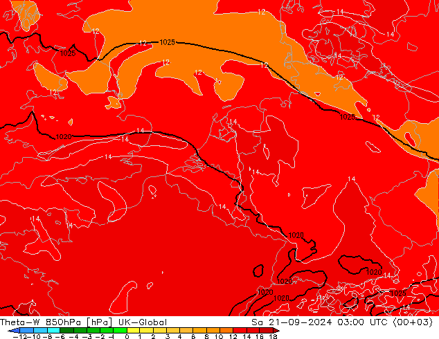 Theta-W 850hPa UK-Global 星期六 21.09.2024 03 UTC