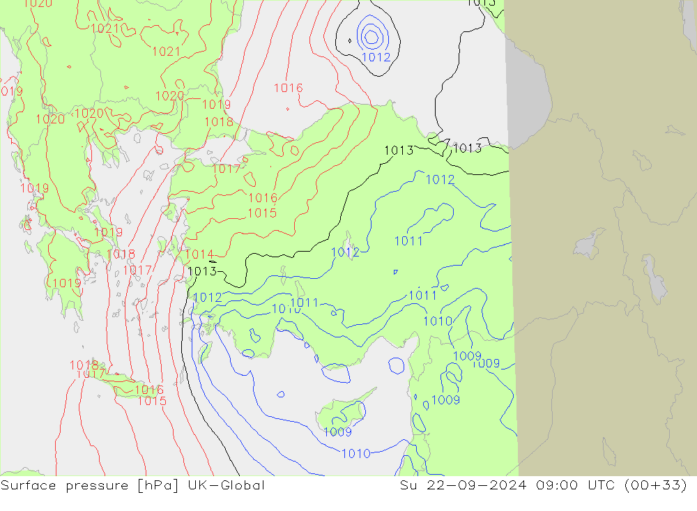 Surface pressure UK-Global Su 22.09.2024 09 UTC