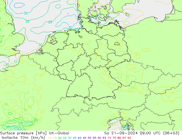 10米等风速线 (kph) UK-Global 星期六 21.09.2024 09 UTC