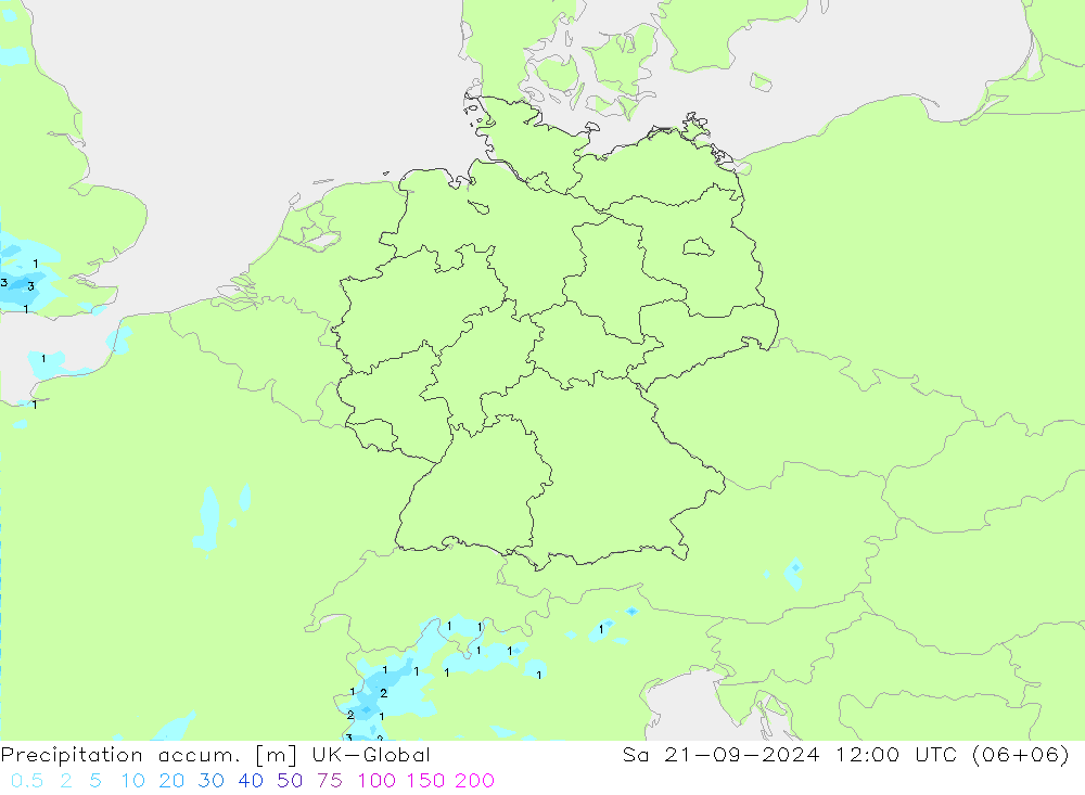 Precipitación acum. UK-Global sáb 21.09.2024 12 UTC