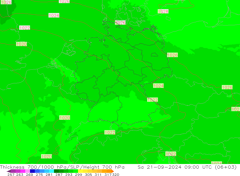 Thck 700-1000 hPa UK-Global Sa 21.09.2024 09 UTC