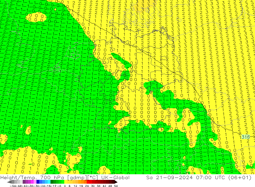 Hoogte/Temp. 700 hPa UK-Global za 21.09.2024 07 UTC