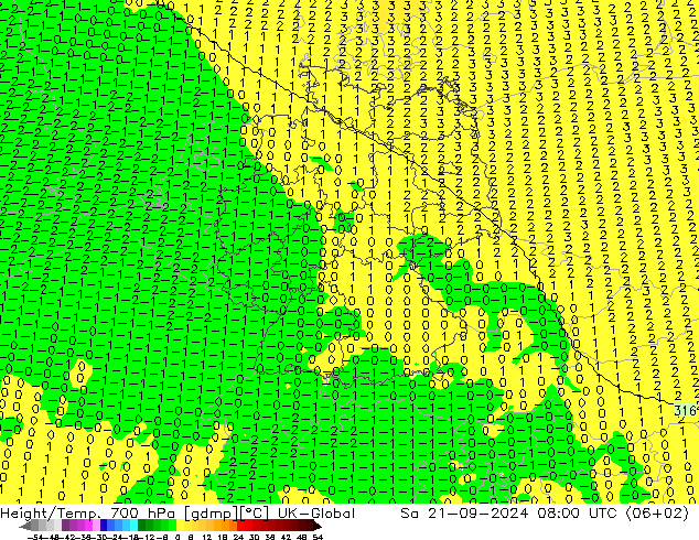 Height/Temp. 700 hPa UK-Global 星期六 21.09.2024 08 UTC