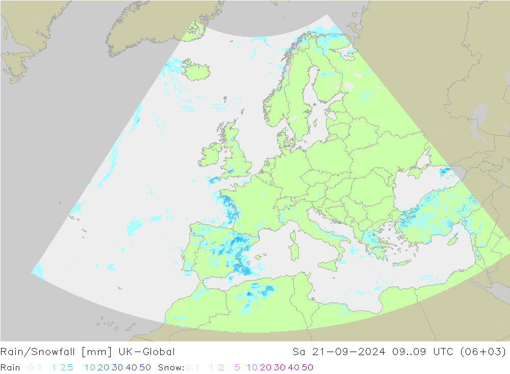 Rain/Snowfall UK-Global 星期六 21.09.2024 09 UTC