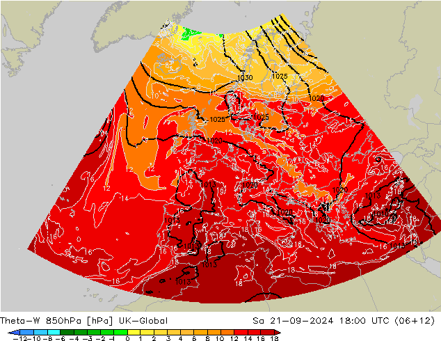 Theta-W 850hPa UK-Global 星期六 21.09.2024 18 UTC
