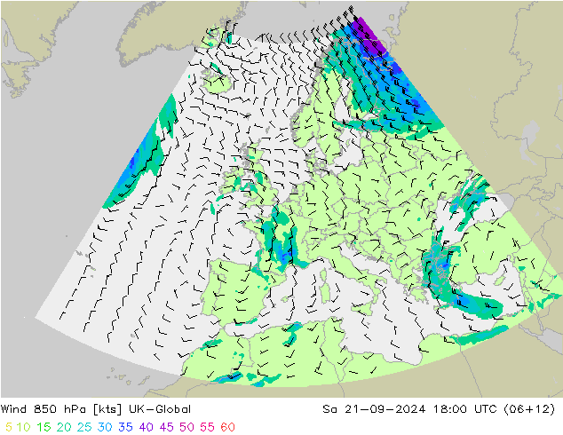 风 850 hPa UK-Global 星期六 21.09.2024 18 UTC