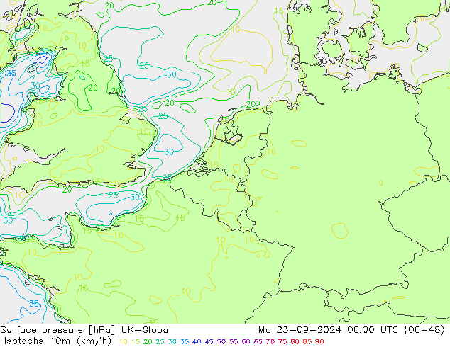 10米等风速线 (kph) UK-Global 星期一 23.09.2024 06 UTC