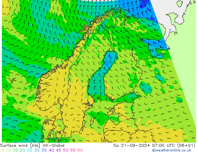 Viento 10 m UK-Global sáb 21.09.2024 07 UTC