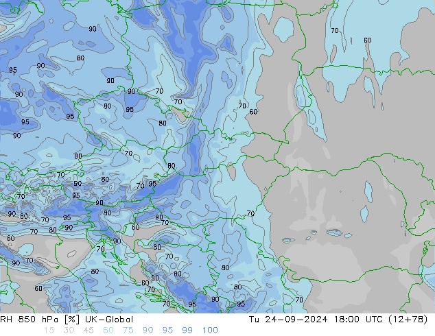 RH 850 hPa UK-Global Tu 24.09.2024 18 UTC