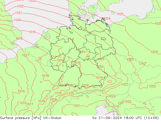 地面气压 UK-Global 星期六 21.09.2024 18 UTC