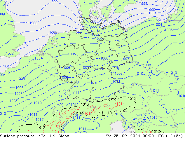 Pressione al suolo UK-Global mer 25.09.2024 00 UTC