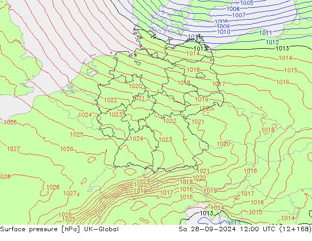 Pressione al suolo UK-Global sab 28.09.2024 12 UTC