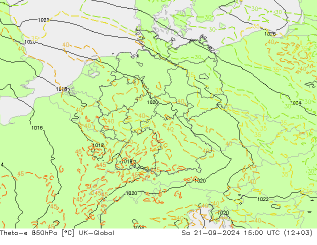 Theta-e 850hPa UK-Global 星期六 21.09.2024 15 UTC