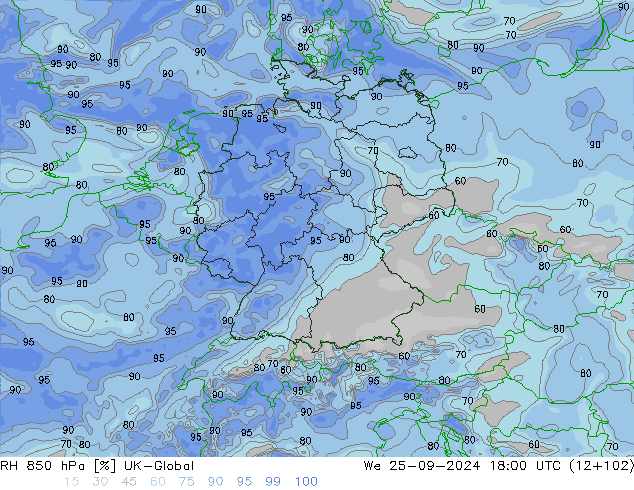 RH 850 гПа UK-Global ср 25.09.2024 18 UTC