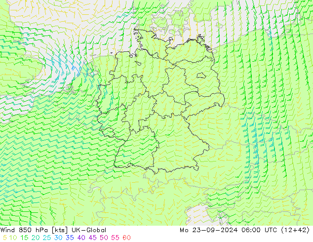 Wind 850 hPa UK-Global Mo 23.09.2024 06 UTC