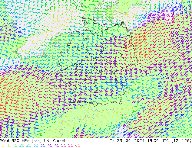 Vento 850 hPa UK-Global gio 26.09.2024 18 UTC