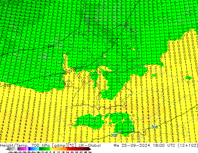 Height/Temp. 700 hPa UK-Global St 25.09.2024 18 UTC