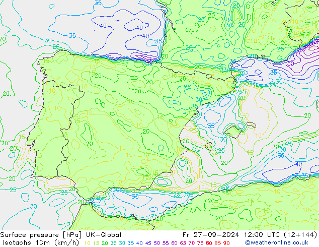 Isotachen (km/h) UK-Global Fr 27.09.2024 12 UTC