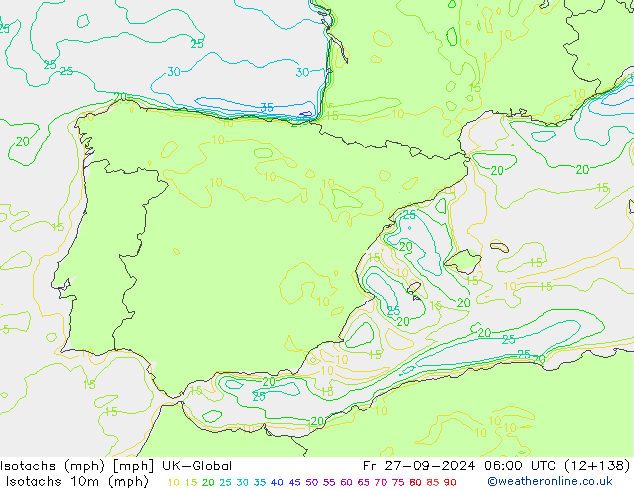 Isotachen (mph) UK-Global vr 27.09.2024 06 UTC