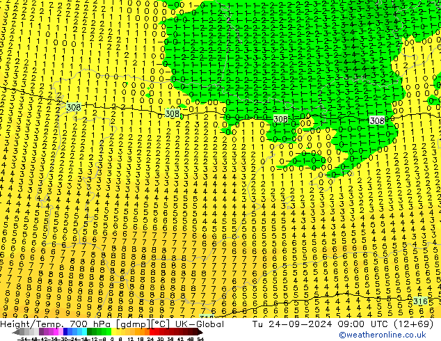 Height/Temp. 700 hPa UK-Global Di 24.09.2024 09 UTC