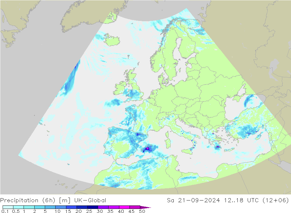 降水量 (6h) UK-Global 星期六 21.09.2024 18 UTC