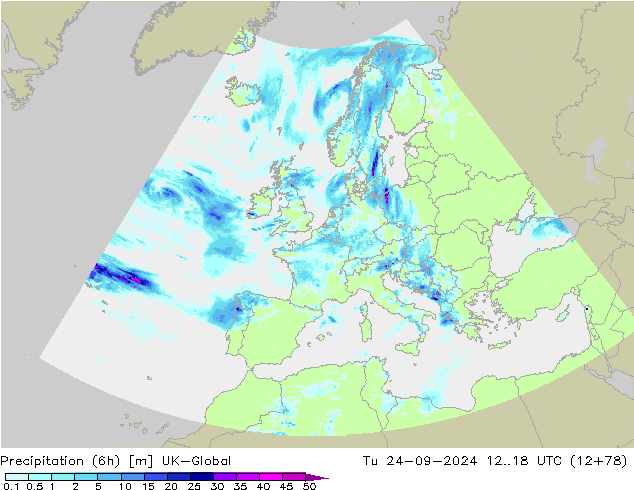 Precipitation (6h) UK-Global Tu 24.09.2024 18 UTC