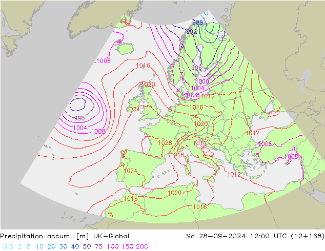 Precipitation accum. UK-Global 星期六 28.09.2024 12 UTC