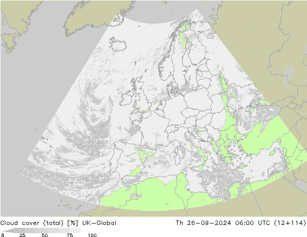 Cloud cover (total) UK-Global Th 26.09.2024 06 UTC