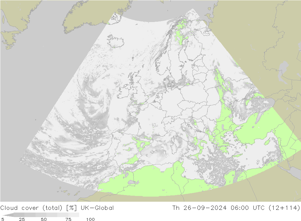 Cloud cover (total) UK-Global Th 26.09.2024 06 UTC