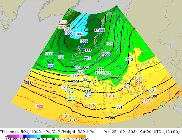 Schichtdicke 500-1000 hPa UK-Global Mi 25.09.2024 06 UTC