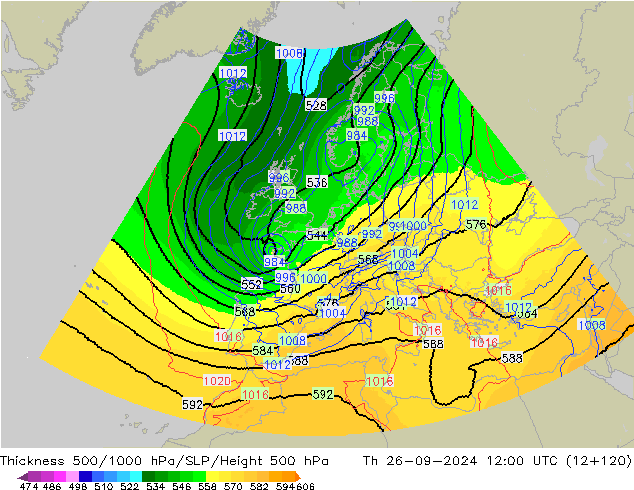 Schichtdicke 500-1000 hPa UK-Global Do 26.09.2024 12 UTC