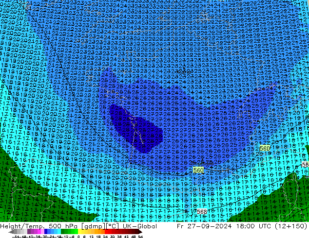 Hoogte/Temp. 500 hPa UK-Global vr 27.09.2024 18 UTC