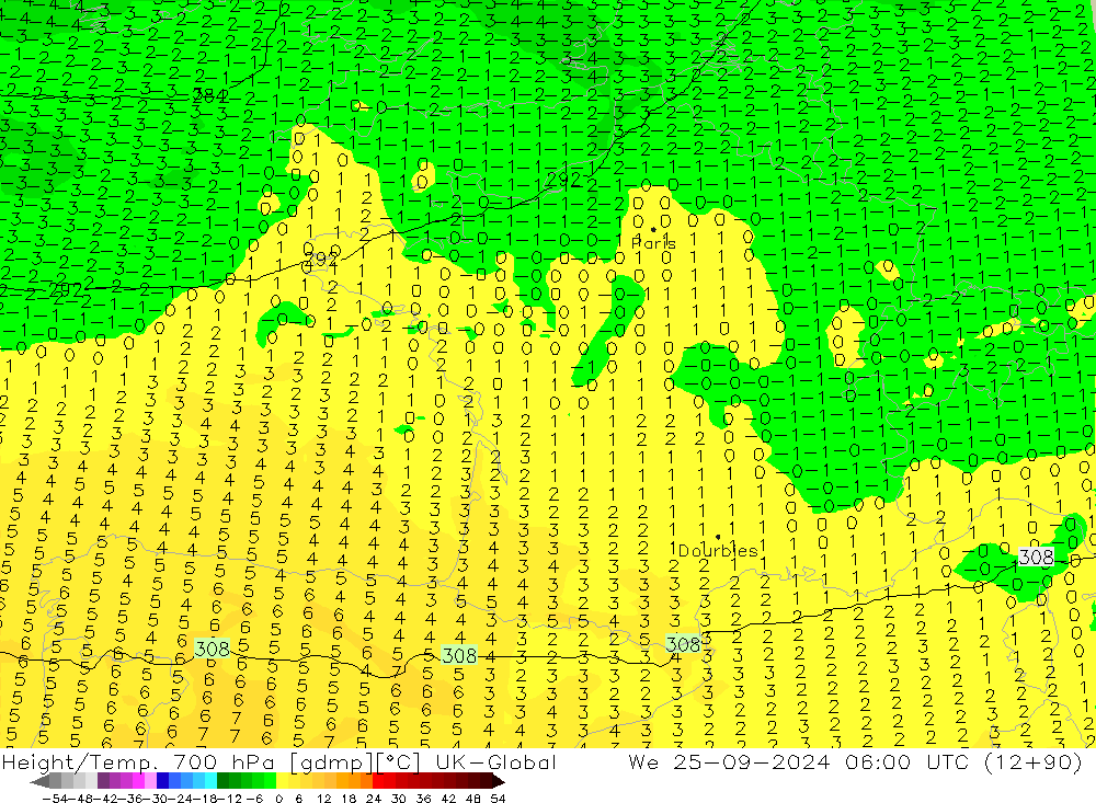 Hoogte/Temp. 700 hPa UK-Global wo 25.09.2024 06 UTC