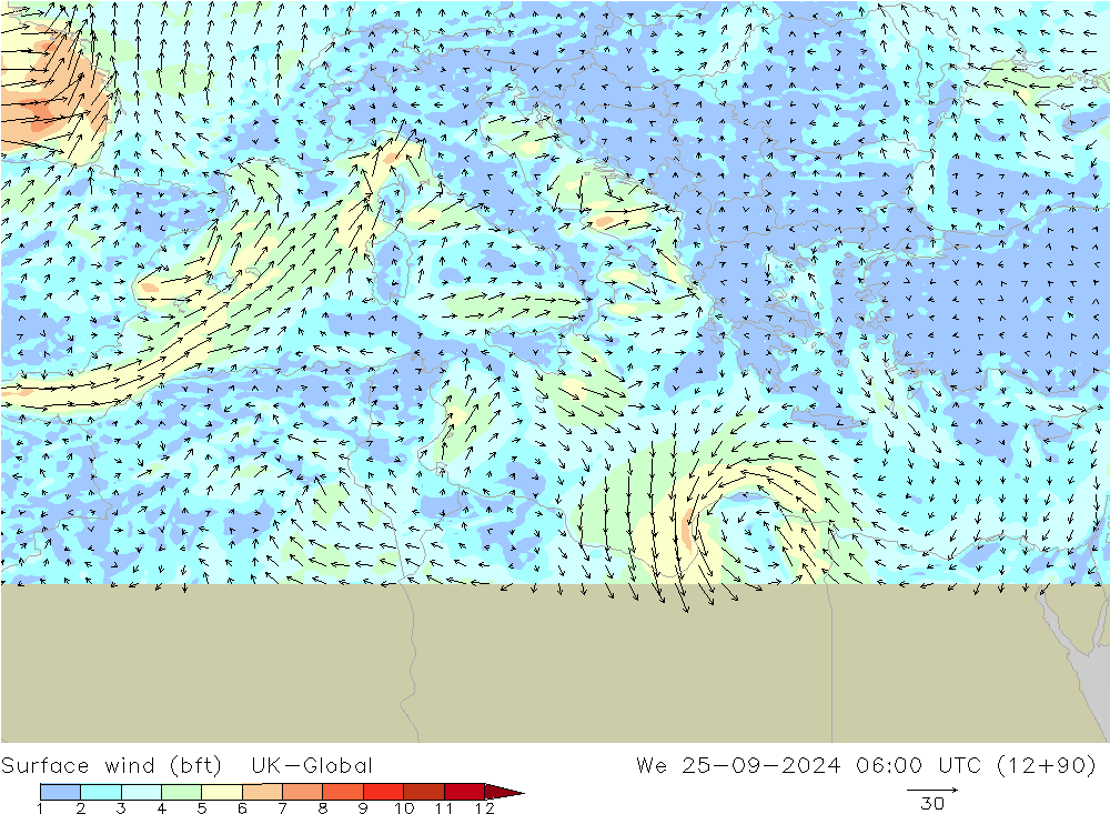 Surface wind (bft) UK-Global We 25.09.2024 06 UTC