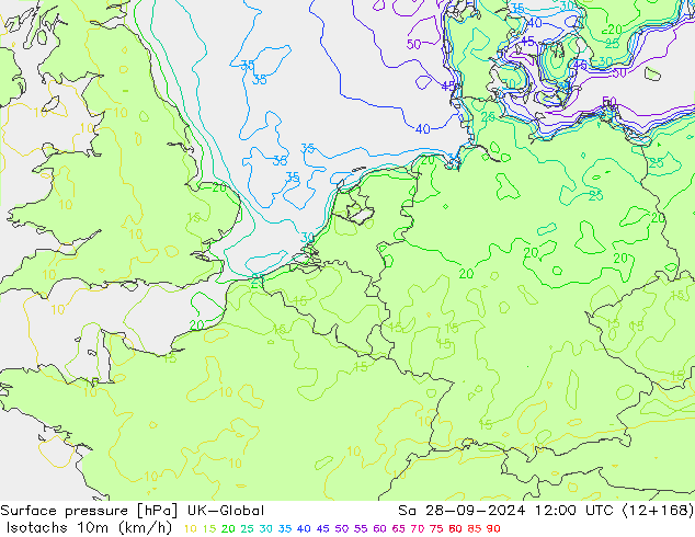 10米等风速线 (kph) UK-Global 星期六 28.09.2024 12 UTC