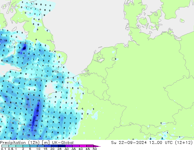 Precipitation (12h) UK-Global Su 22.09.2024 00 UTC