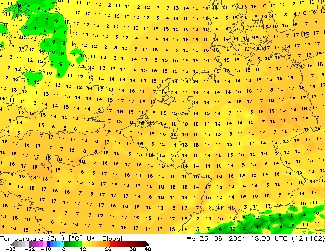 Temperature (2m) UK-Global We 25.09.2024 18 UTC