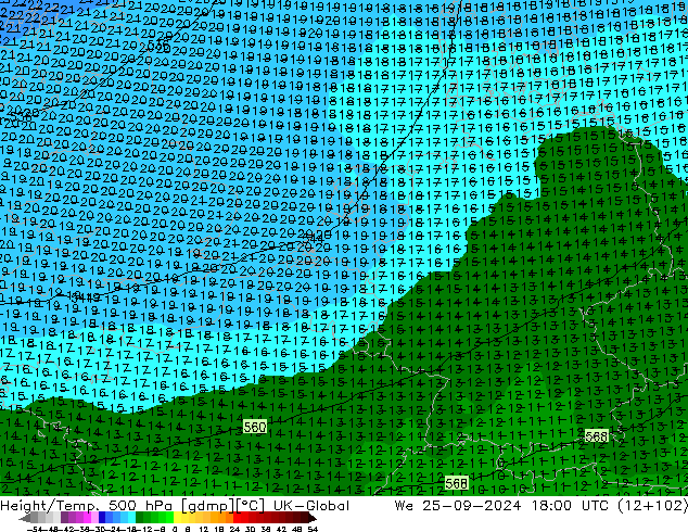 Height/Temp. 500 hPa UK-Global St 25.09.2024 18 UTC