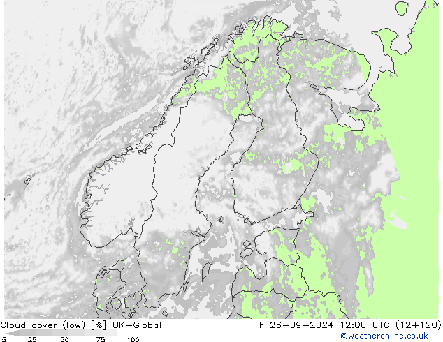 Cloud cover (low) UK-Global Th 26.09.2024 12 UTC