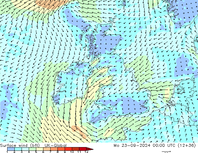 Bodenwind (bft) UK-Global Mo 23.09.2024 00 UTC