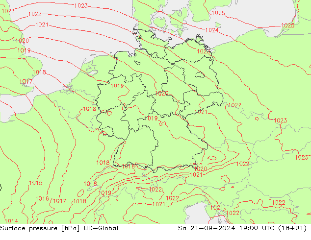 Atmosférický tlak UK-Global So 21.09.2024 19 UTC